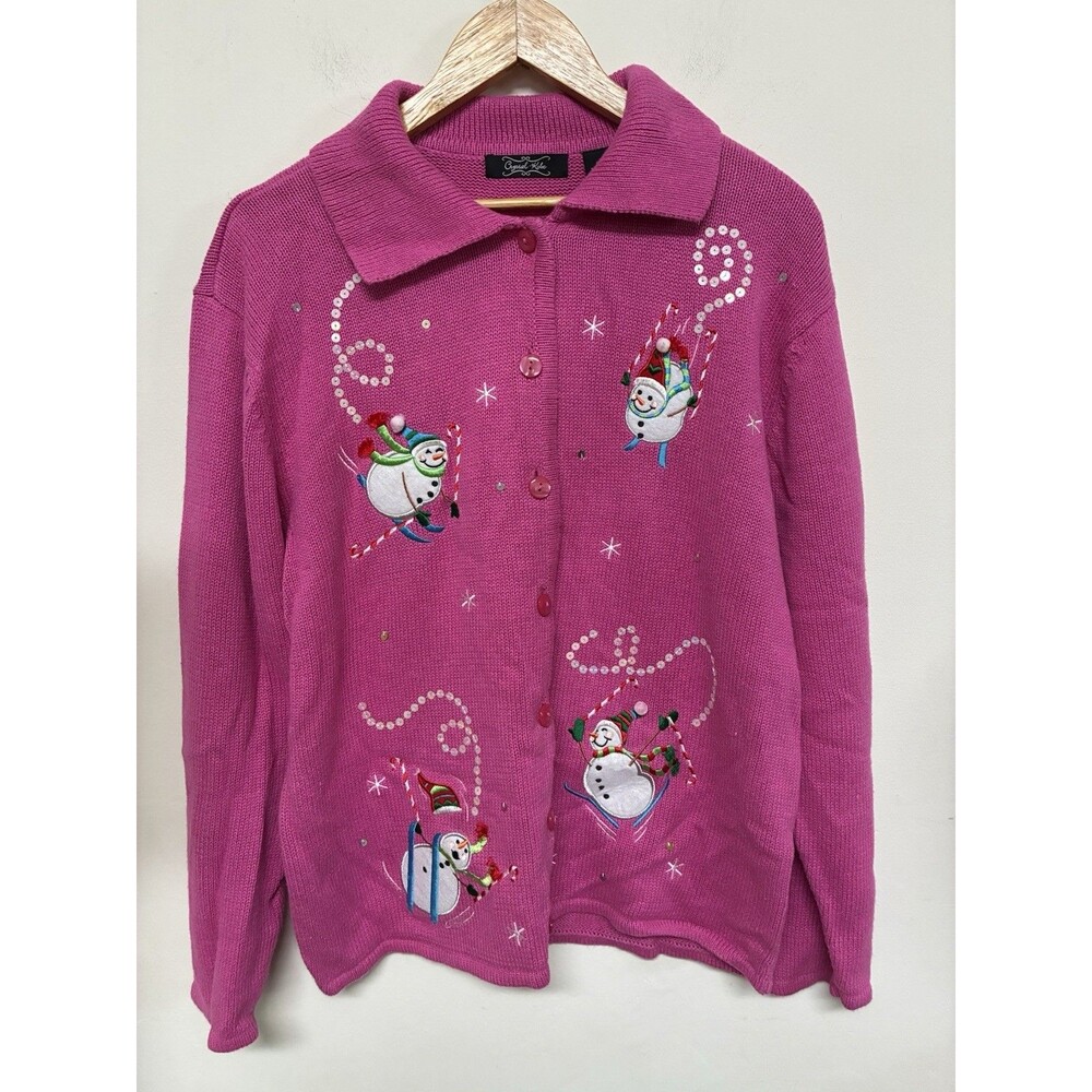 Crystal Kobe Snowman Embroidered Sweater Women’s XXL Pink Button Down Christmas